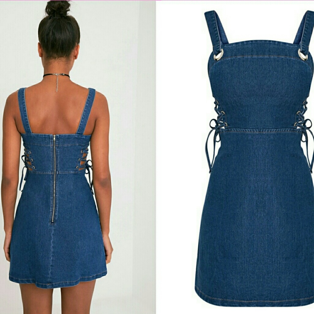 Dark wash lace up eyelet detail denim dress